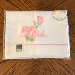 NEW Old Stock Vintage Set Embroidered Pillowcases Pink & Blue His & Hers